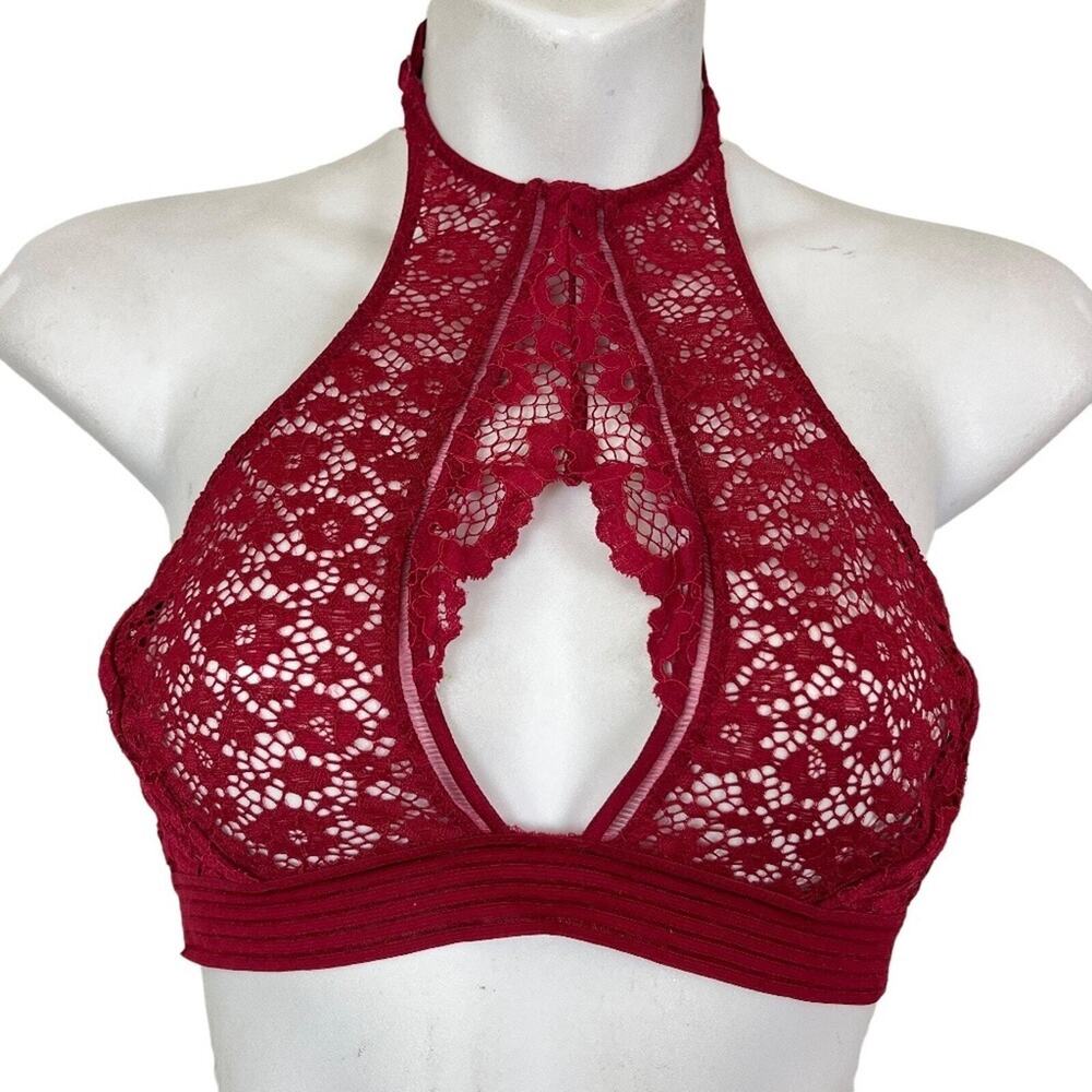 Victorias Secret Very Sexy High Neck Bralette Cherry Red Floral Lace Bra sz S